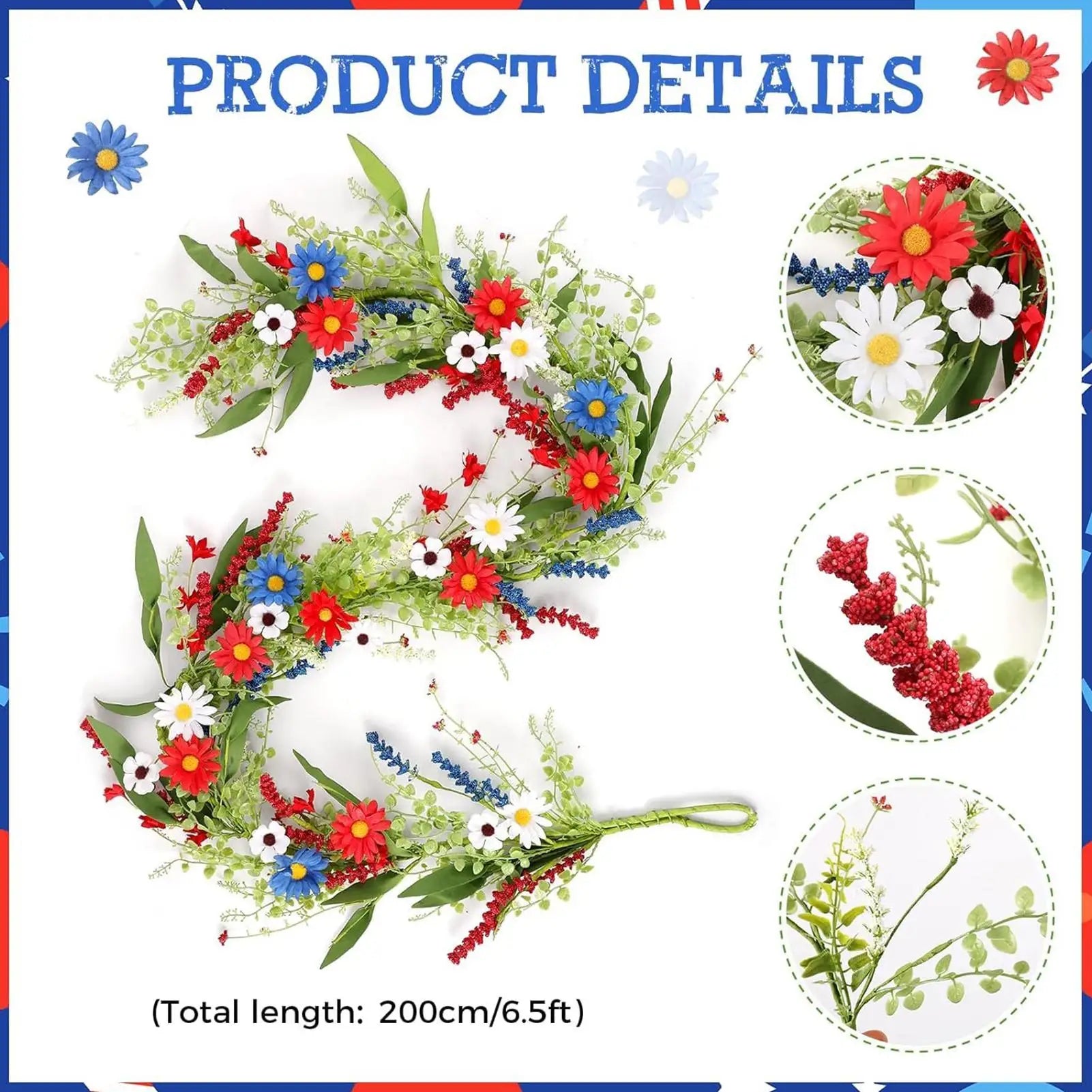 4th July Wreath 4 9Ft Red White Blue Daisy Garland Patriotic Decor for Independence Day Memorial Day Front Door Porch Party