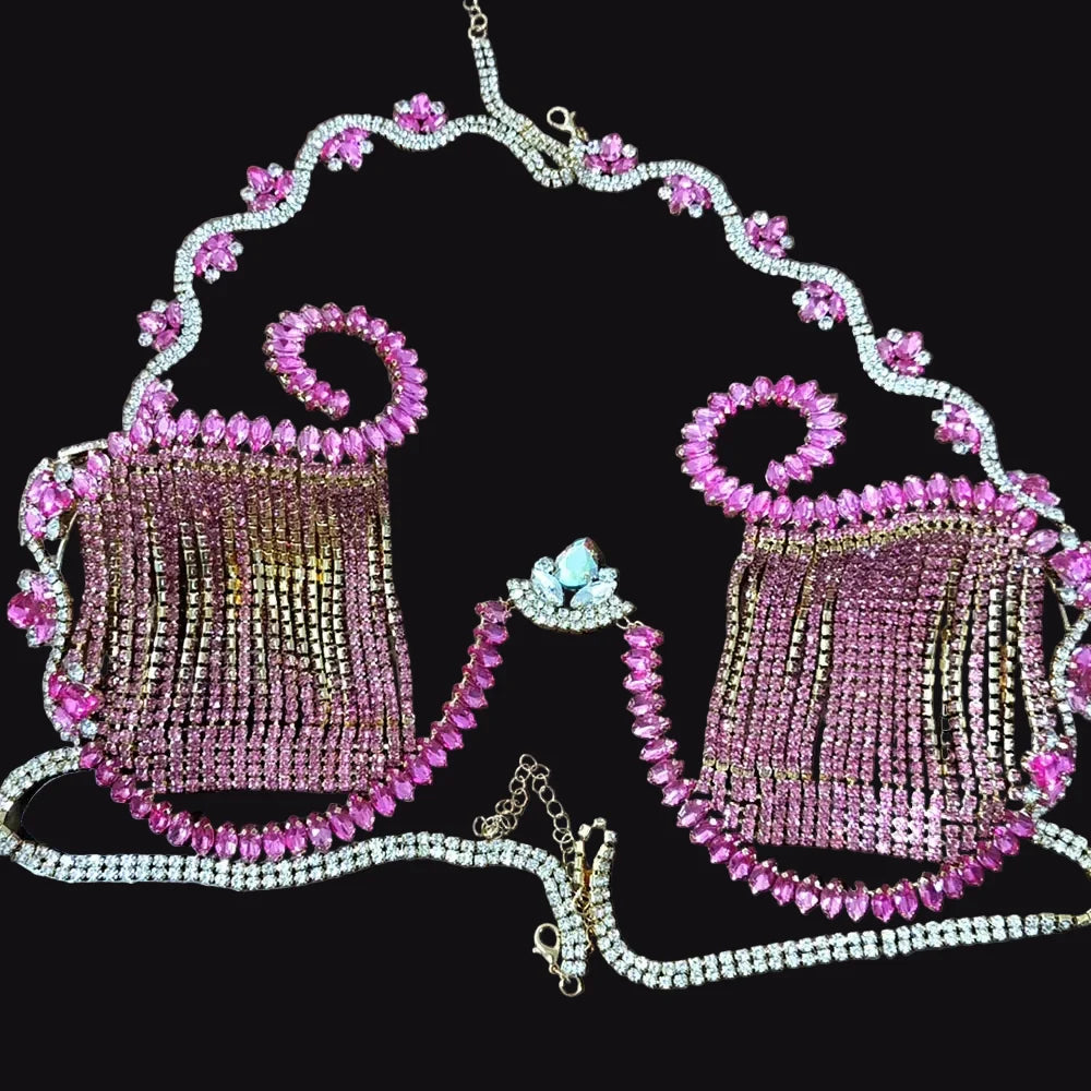Vibrant Rhinestone Glass Metal Swirl Chain Bra Top