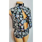 Silver Laser Star Sequin 3-Piece Showgirl Costume Set – Velvet Stage Performance Vest, Bra & Shorts