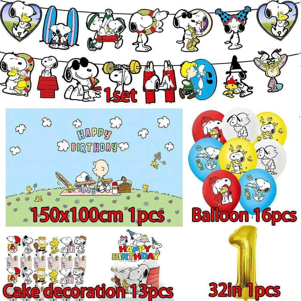 Cartoon Snoopys Birthday Decoration Set Banners Cake Toppers Balloons Backdrops Kids Birthday Gifts Baby Shower Party Supplies