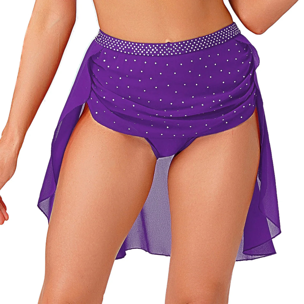 Womens Modern Lyrical Dance Skirt Performance Costume Sparkly Rhinestone Irregular Chiffon Hem Built-in Briefs Skirt Dancewear