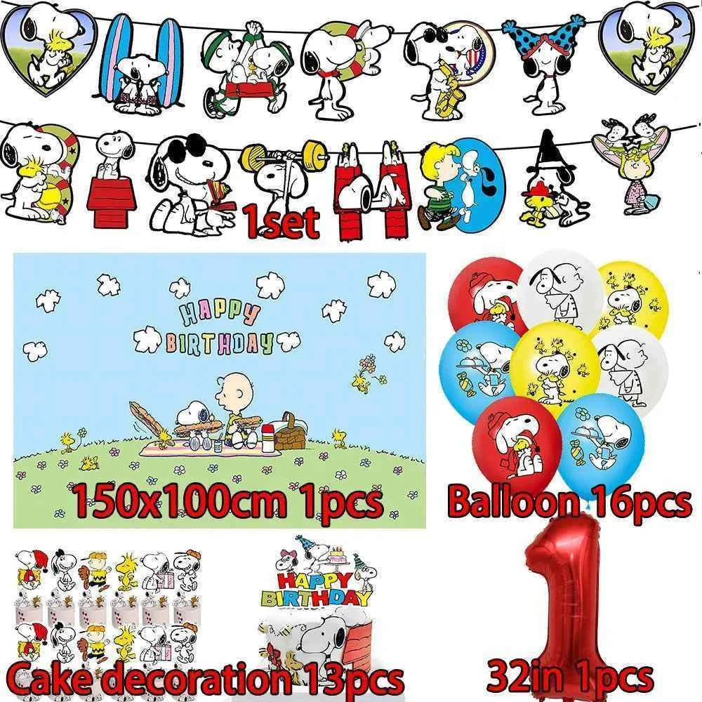 Cartoon Snoopys Birthday Decoration Set Banners Cake Toppers Balloons Backdrops Kids Birthday Gifts Baby Shower Party Supplies