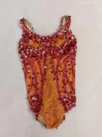 Crimson Sequin Strip & Crystal Rhinestone Bodysuit Illusion Mesh Sleeveless Leotard Stage Costume