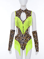 Leopard Cutout Bodysuit & Fringe Sleeves 2-Piece Latin Ballroom Stage Costume Set
