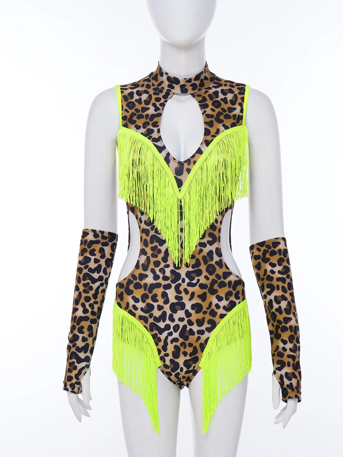 Leopard Cutout Bodysuit & Fringe Sleeves 2-Piece Latin Ballroom Stage Costume Set