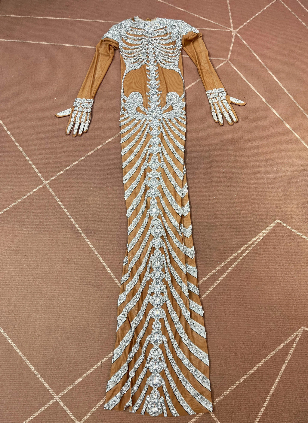 Fashion Skeleton Pattern Designed Shining Rhinestones Mesh Dress Women Halloween Party Celebrate Show Stage Outfit