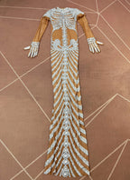 Fashion Skeleton Pattern Designed Shining Rhinestones Mesh Dress Women Halloween Party Celebrate Show Stage Outfit