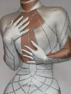 Sparkly Rhinestone Jumpsuit with Long Sleeve Gloves – Sexy Stretchy Bodysuit for Nightclub, Stage & Performance