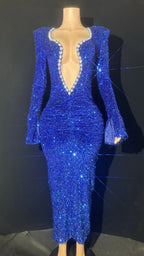 Sparkly Rhinestone Deep V-Neck Sheer Evening Gown Stage Performance Costume