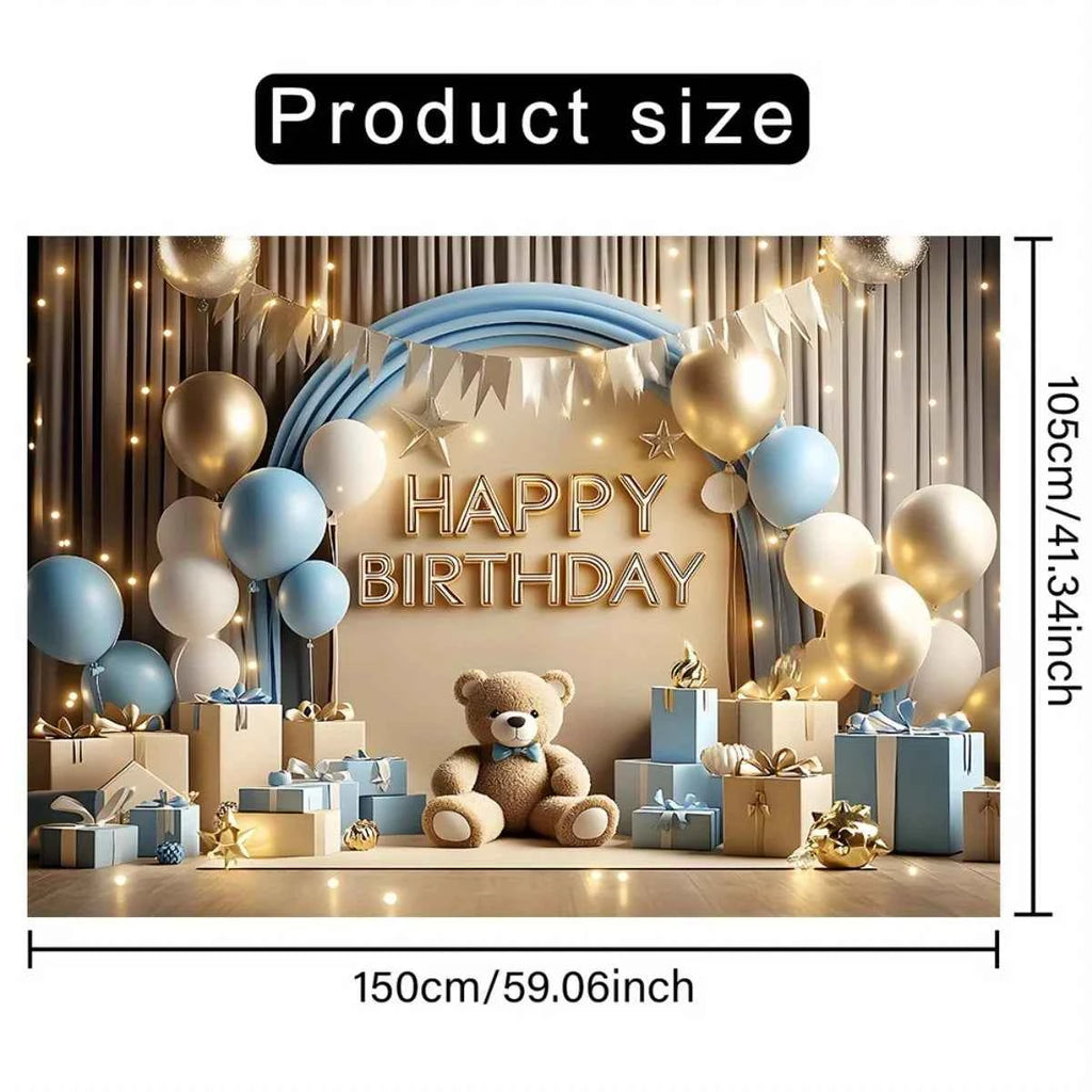 1 "Happy Birthday" background banner - a vibrant party decoration featuring balloons, gift boxes and teddy bear designs
