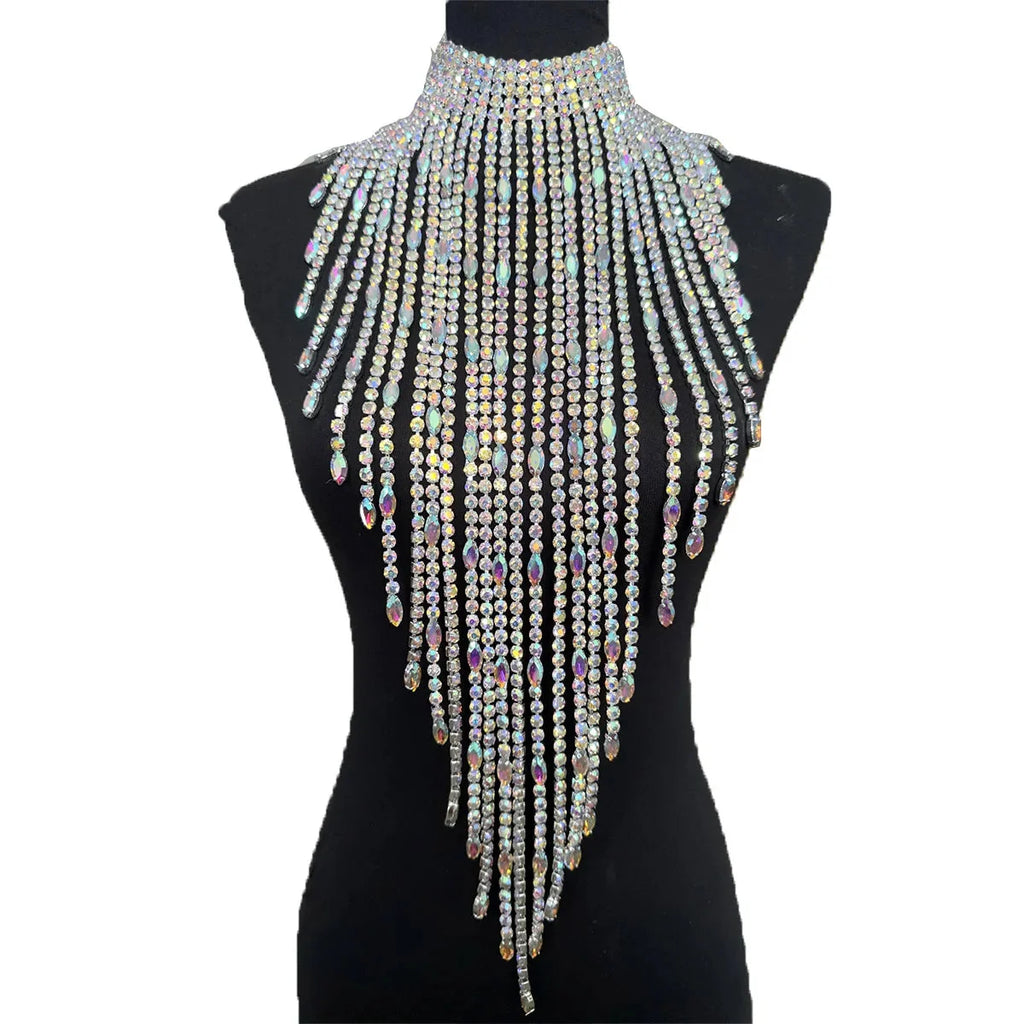 Oversized Crystal Rhinestone Tassel Choker Necklace Drag Queen Stage Body Jewelry