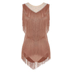 Sparkly Rhinestone & Tassel Fringe Latin Dance Leotard Crew Neck Bodysuit