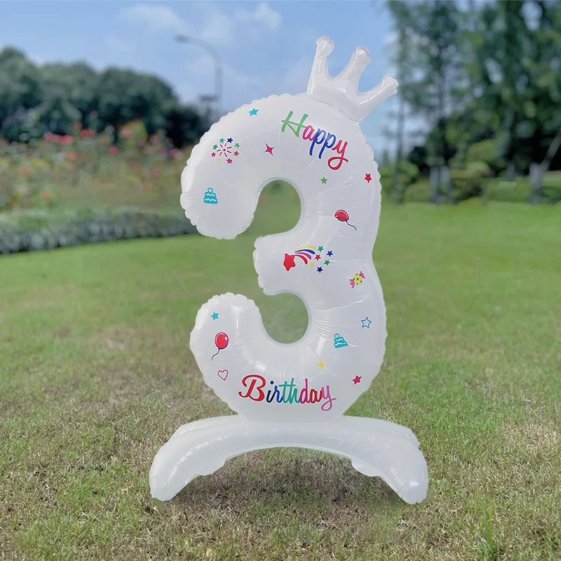 Birthday Digital Balloon White Standing 32 inch Happy Birthday Printed Aluminum Film Birthday Party Crown Balloon