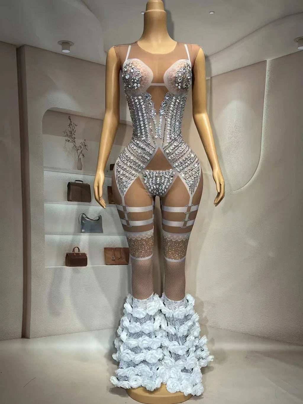 Female Rose Flower Rhinestones Jumpsuit Luxurious Birthday Celebrate Party Rompers Stage Wear Nightclub Singer Carnival Costume
