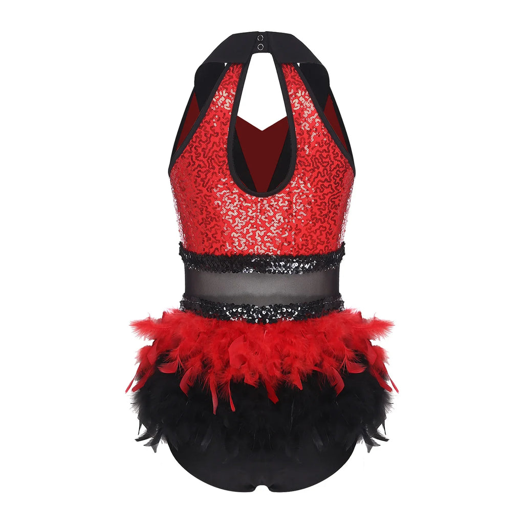 Women's Shiny Sequin Sheer Mesh Feather Latin Jazz Dance Bodysuit