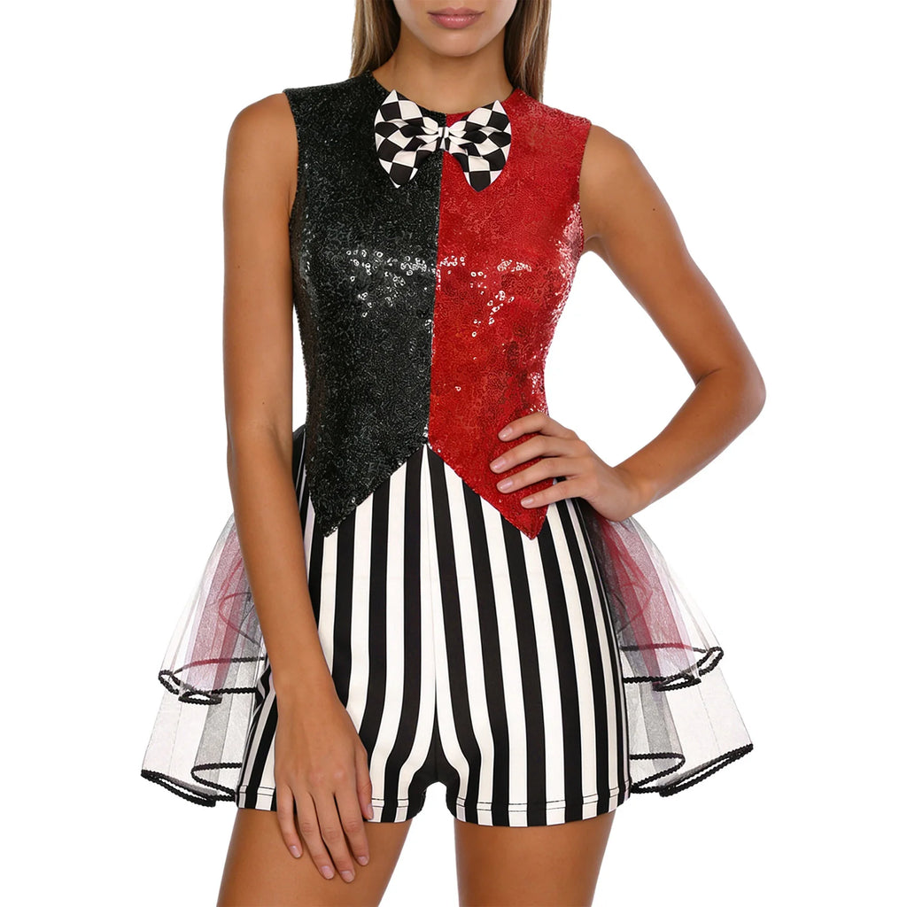 Womens Circus Clown Mad Hat Cosplay Costume Jumpsuit Sequin And Striped Patchwork Checker Bowtie Tiered Tulle Hem Cutout Rompers - Big Tim's Magic Emporium