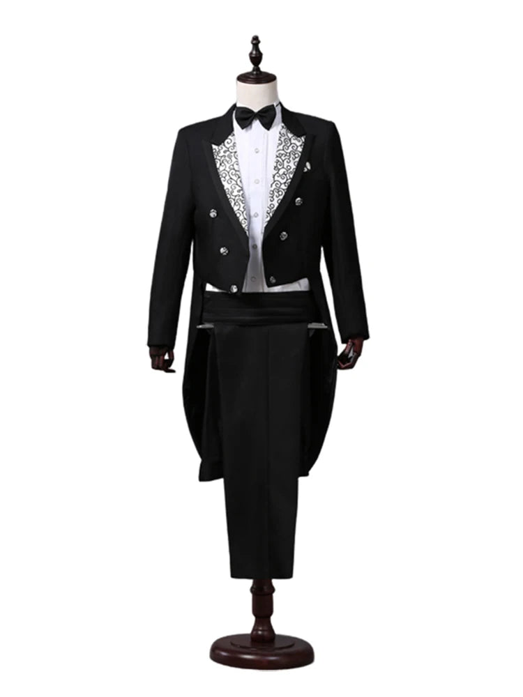 Tailcoat Suits Men Vest Jacket White Tail Coat Chorus Tuxedo Floral Stage Costume Singer Performer Magician Host Outfits - Big Tim's Magic Emporium