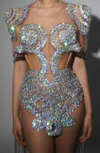 Sparkly Silver Rhinestone Sheer Cape Dress Stage Costume