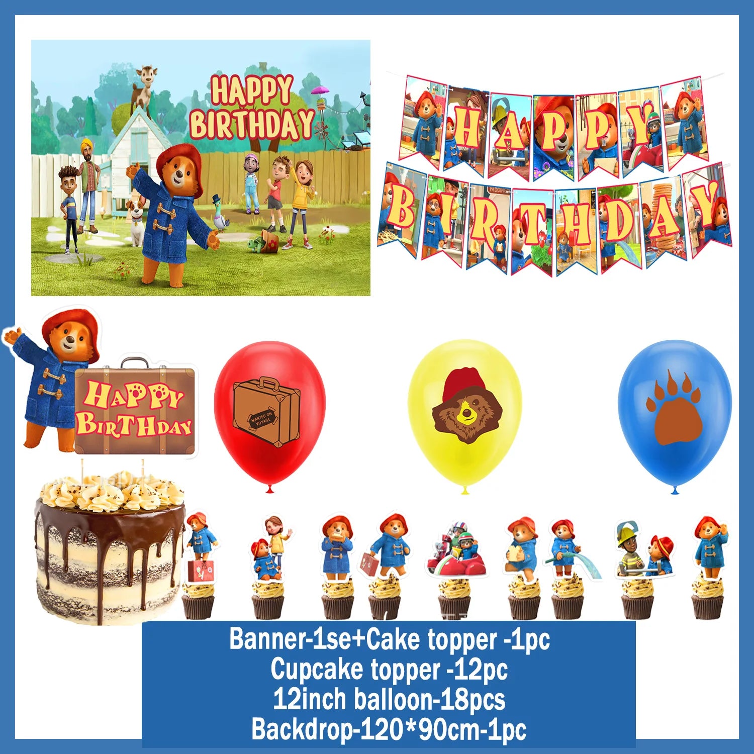 Cartoon&Paddingtons Party Supplies Happy Birthday Banner Bears Balloons Cupcake Toppers Backdrop Kids Birthday Baby Shower Gift