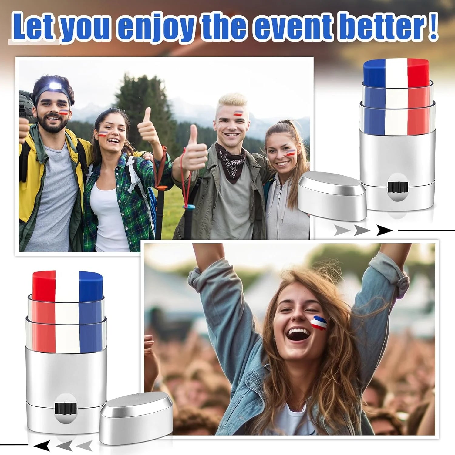 3 Pcs Red White Blue  Flag Face Paint Blendable Safe  Football World Cup Face Paint , Athletes, Baseball, Softball Players