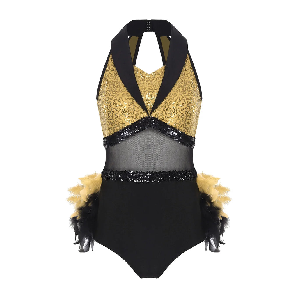 Women's Shiny Sequin Sheer Mesh Feather Latin Jazz Dance Bodysuit
