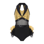 Women's Shiny Sequin Sheer Mesh Feather Latin Jazz Dance Bodysuit