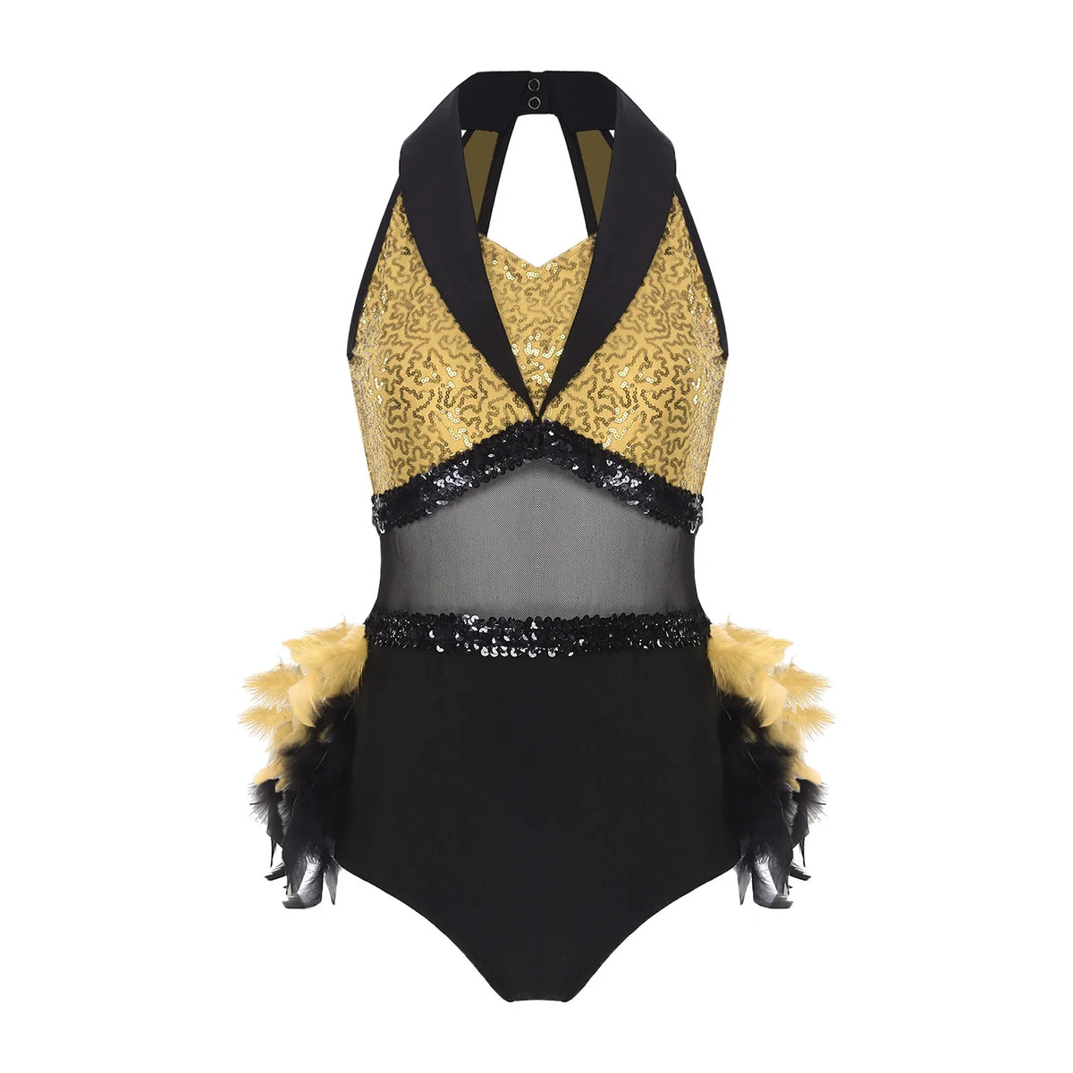 Women's Shiny Sequin Sheer Mesh Feather Latin Jazz Dance Bodysuit