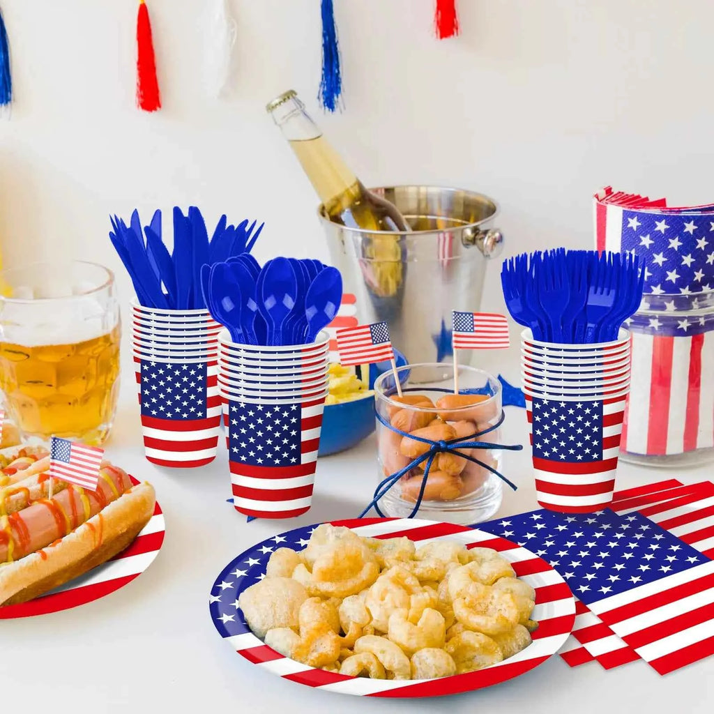 120 Pcs American Flag Disposable Tableware Plates, Cups, Napkins For USA Patriotic Theme Party, 4th Of July, Independence Day