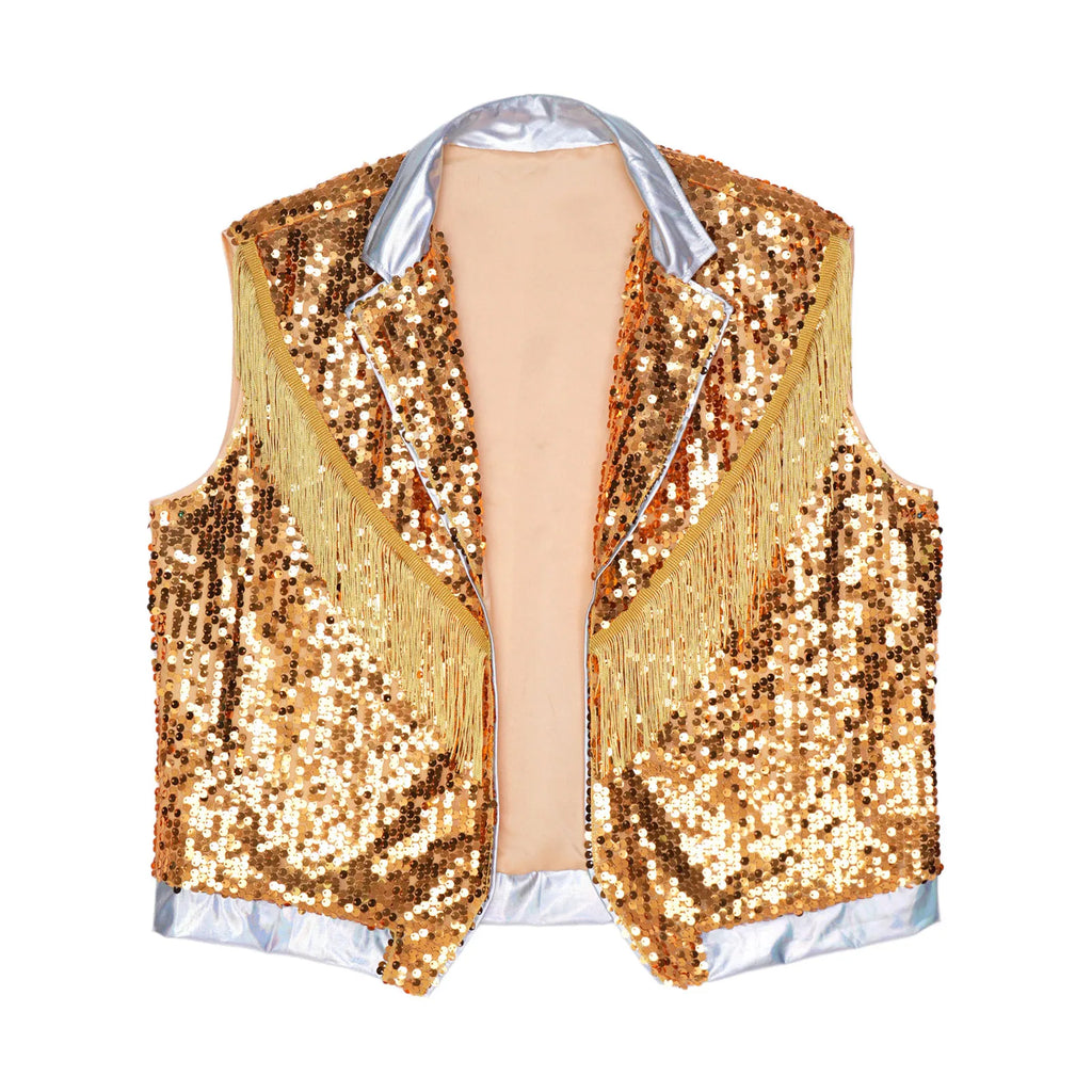 Men's Metallic Sequin Tassel Open-Front Vest Lapel Collar Sleeveless Stage Dance Waistcoat