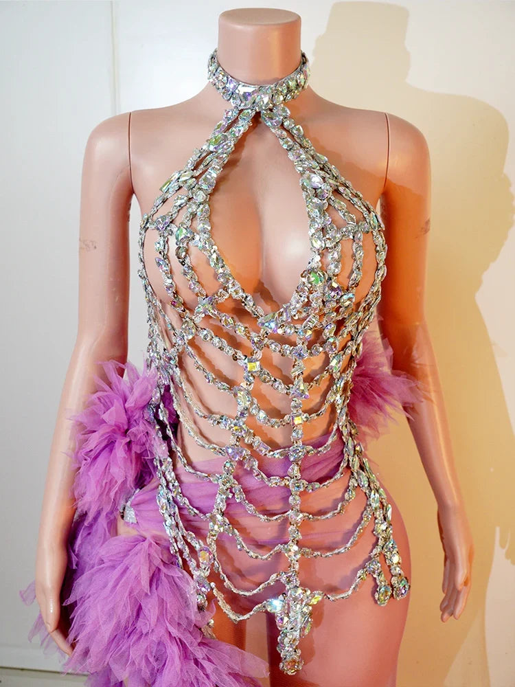 Purple Spiderweb Rhinestone Halter Bodysuit & Trailing Ruffle Tulle Skirt 2-Piece Stage Costume Set