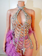Purple Spiderweb Rhinestone Halter Bodysuit & Trailing Ruffle Tulle Skirt 2-Piece Stage Costume Set