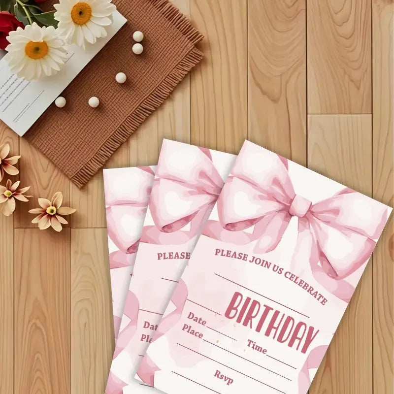 20pcs, Cute cartoon bow birthday invitation card, 20 girl themed birthday invitation cards