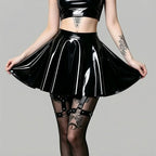 Gothic PU Leather PVC Shiny Flared Pleated Mini A-Line Skirt