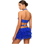 Glittery Rhinestone & Faux Feather Latin Dance Leotard Halter Bodysuit