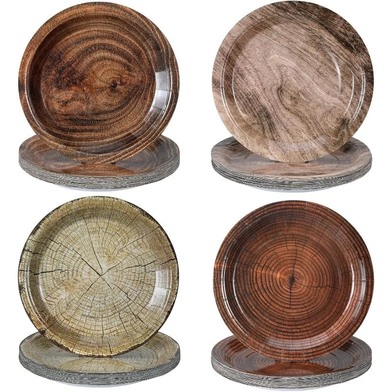 20Pcs Disposable Party Plates, Retro Wood Grain Design, 7 & 9 Inch Paper Plates for Birthday, Holiday, Picnic, Home Use - Big Tim's Magic Emporium