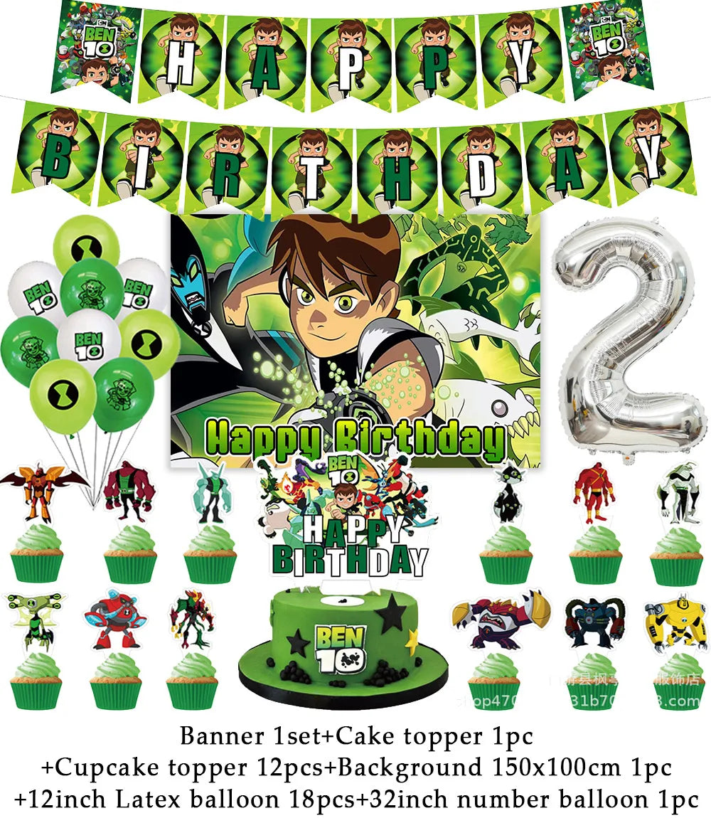 Cartoon Ben-10 Birthday Party Decoration Balloons Favor Set Banner Cake Toppers Baby Shower Boys Gift Party Supplies Photo Prop