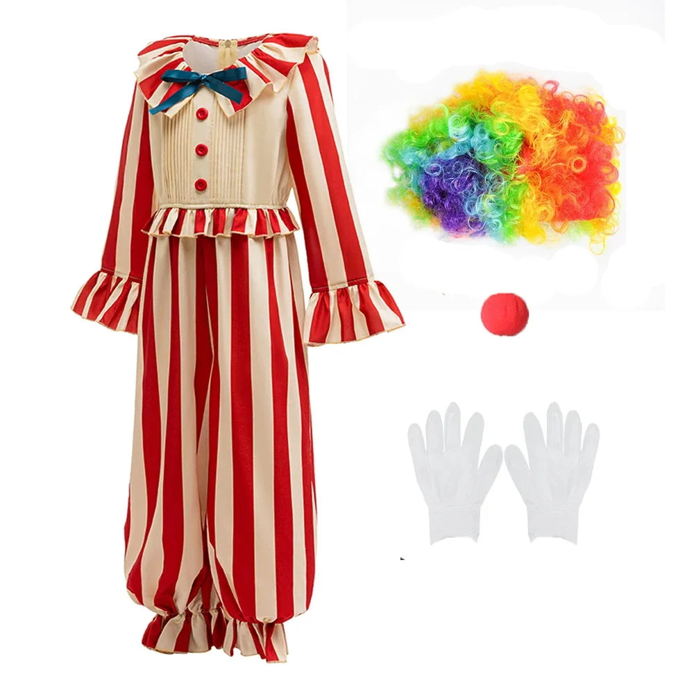 Kids Carnival Outfits Circus Clown Cosplay Costumes Boys Red Stripe Jumpsuits Birthday Dress Up Stage Magic Perform Clothing - Big Tim's Magic Emporium