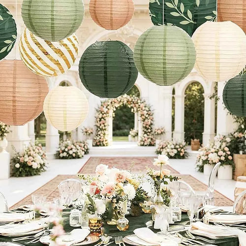 12PCS Sage Green Paper Lanterns Rustic Wedding Decorations Background Retro Green Lantern Holiday Props Birthday Party Supplies