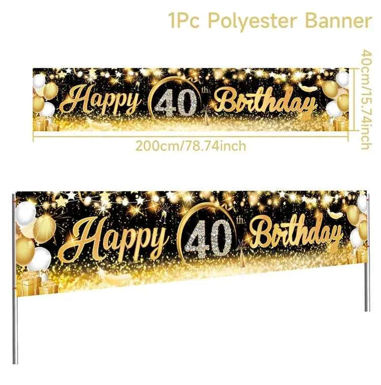 Black Gold Happy Birthday Banner Balloon Flag Adult 30th 40th 50th 60th Birthday Party Decoration Supplies Bunting Anniversary