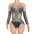 Sparkly Rhinestone & Feather Long Tail Bodysuit Set Stage Costume