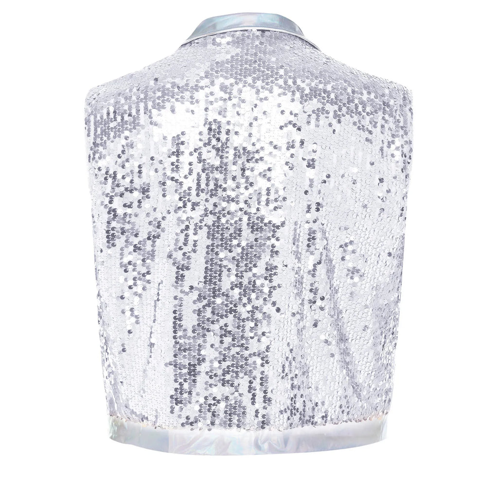 Men's Metallic Sequin Tassel Open-Front Vest Lapel Collar Sleeveless Stage Dance Waistcoat
