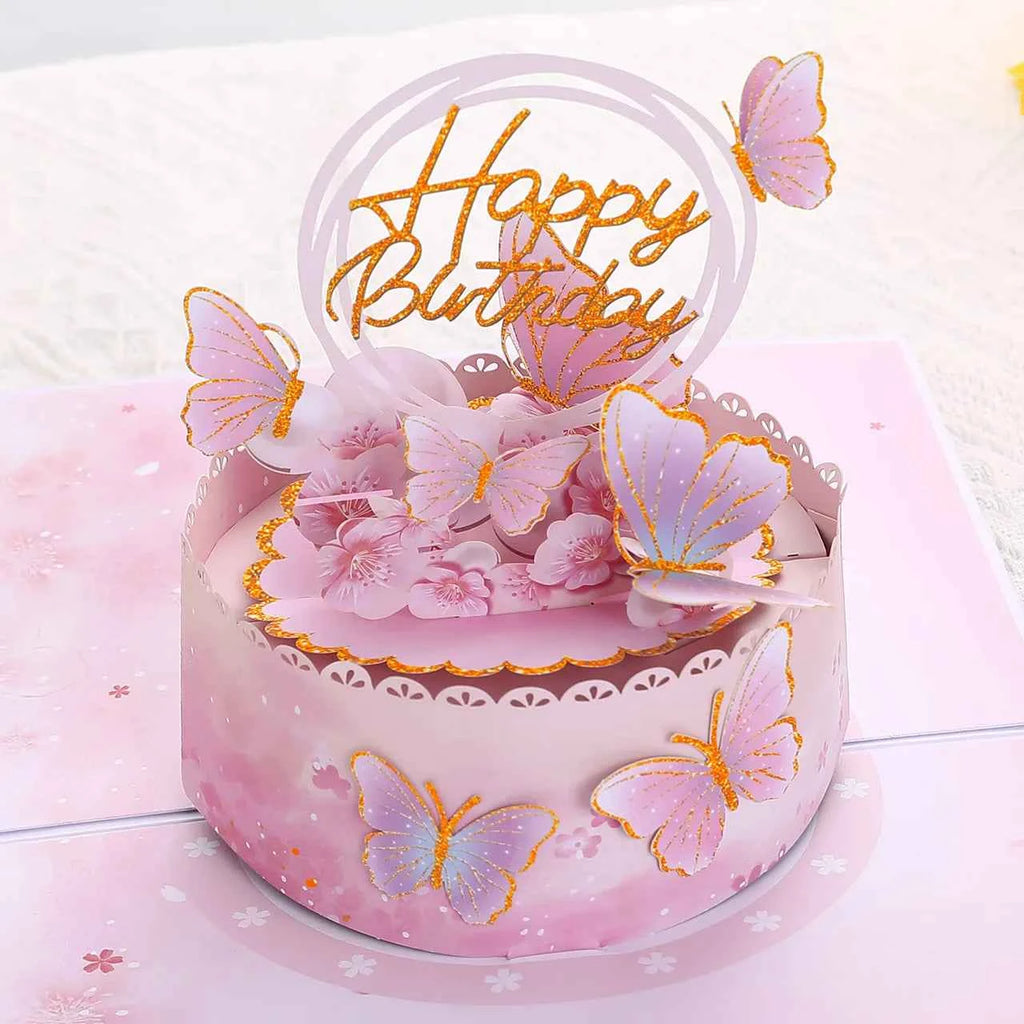Birthday Pop Up Card: 3D Butterfly Cake & Cherry Blossom Design with Envelope