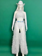 White Faux Fur Halter Top, Flare Chaps Pants, Long Gloves & Hat 4-Piece Stage Dance Costume Set