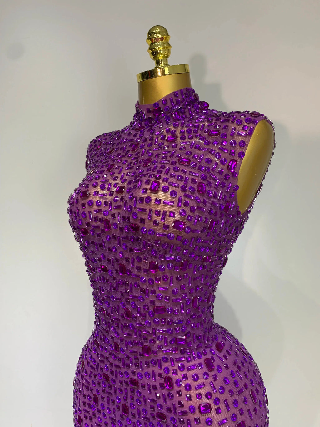 Sparkly Rhinestone Sleeveless Maxi Long Dress See-Through Sheer Mesh Stage Outfit
