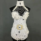 Red White Beading Halter Bodysuit Women Backless Dance Costume Nightclub Singer Stage Performance Outfit