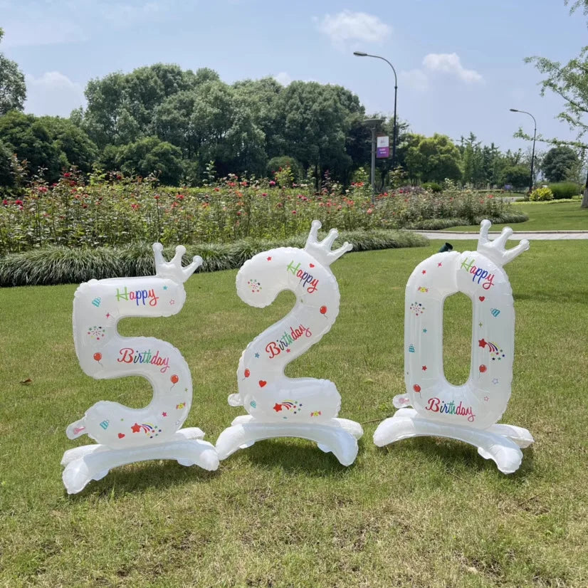 Birthday Digital Balloon White Standing 32 inch Happy Birthday Printed Aluminum Film Birthday Party Crown Balloon