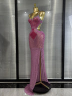 Pink Sleeveless V-Neck Rhinestone Bodycon Floor-Length Showgirl Stage Performance Dress