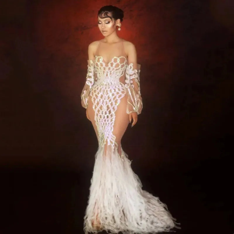 Silver Glitter Sequin Mesh Floor-Length Showgirl Gown – Glamour Stage Performance & Evening Gala Dress