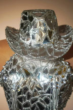 Silver Mirror Asymmetrical Bodysuit, Sculpted Captain Hat & Puffer Bolero Coat 3-Piece Stage Costume Set