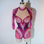 Luxury Pink Rhinestone long sleeve bodysuit Dancer Stage Wear Perform Show Girl Sheer Drag Queen Outfit Bar Nightclub